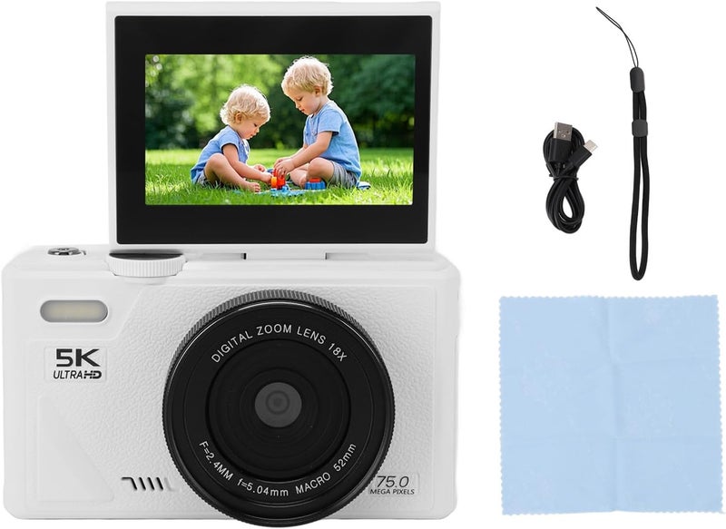 Bewinner 5K Digital Camera for Photography, Vintage 75MP Camera, 3Inch 180 Flip Screen Autofocus Video Cameras with 18X Zoom for Travel YouTube (White) - Image 5