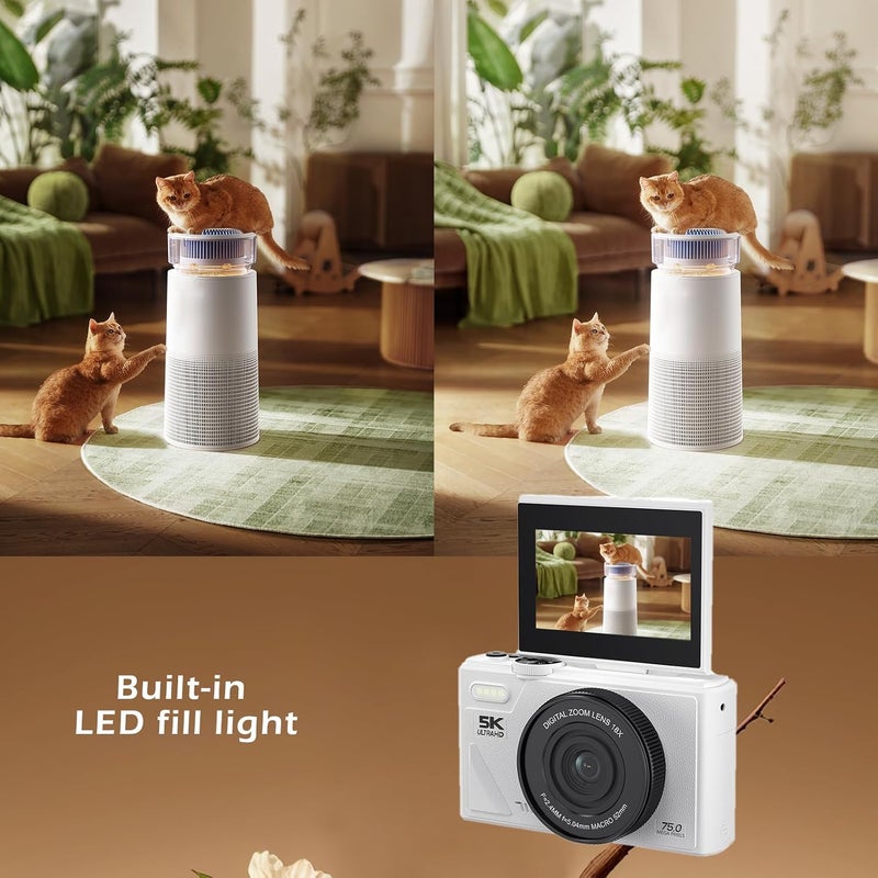 Bewinner 5K Digital Camera for Photography, Vintage 75MP Camera, 3Inch 180 Flip Screen Autofocus Video Cameras with 18X Zoom for Travel YouTube (White) - Image 2
