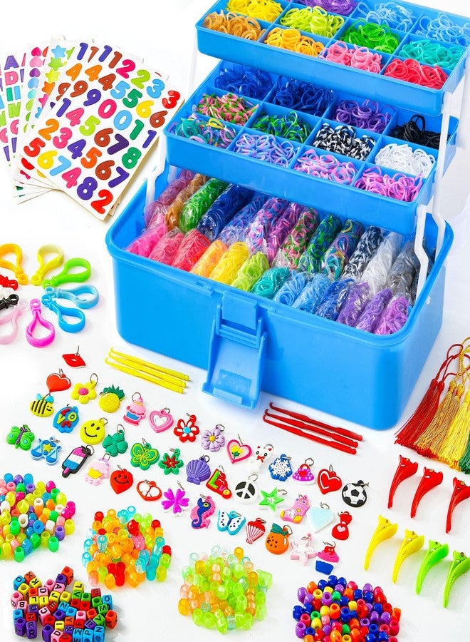 INSCRAFT 17500+ Rubber Loom Bands with 3 Layer Deep Blue Container, 28 Colors, 600 S-Clips, 352 Beads, 40 Cartoon Pendant, Bracelet Making Refill Kit for Kids - Image 1