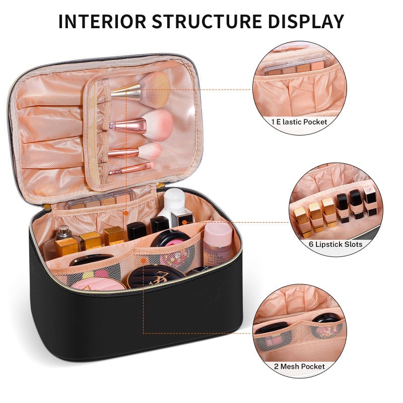 senbowe Travel Makeup Bag, Large Capacity Cosmetic Bags for Women,Portable Waterproof Leather Toiletry Bag Make Up Organizer Bag with Divider and Handle - Image 3
