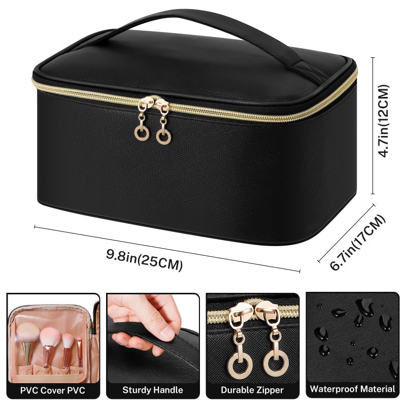 senbowe Travel Makeup Bag, Large Capacity Cosmetic Bags for Women,Portable Waterproof Leather Toiletry Bag Make Up Organizer Bag with Divider and Handle - Image 2