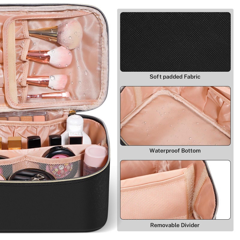 senbowe Travel Makeup Bag, Large Capacity Cosmetic Bags for Women,Portable Waterproof Leather Toiletry Bag Make Up Organizer Bag with Divider and Handle - Image 5