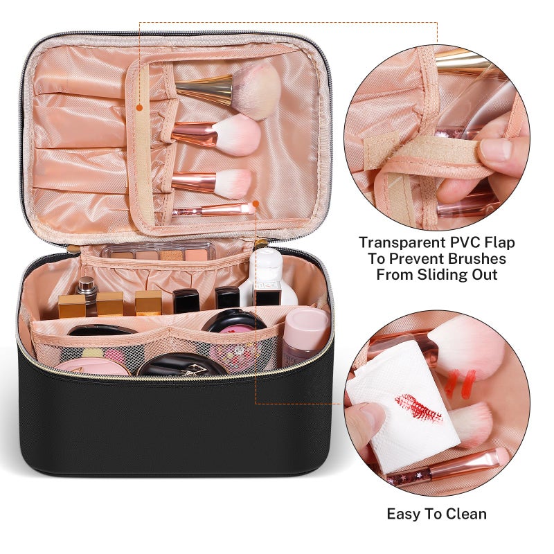 senbowe Travel Makeup Bag, Large Capacity Cosmetic Bags for Women,Portable Waterproof Leather Toiletry Bag Make Up Organizer Bag with Divider and Handle - Image 4