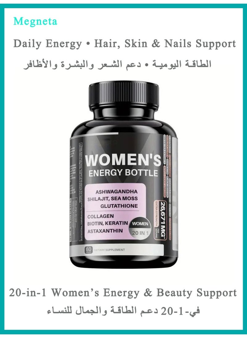Megneta Women’s Energy Vitamins 20-in-1 – Collagen Biotin Ashwagandha Shilajit Beauty & Energy Support | Hair Skin Nails & Hormonal Balance | 60 Capsules - Image 1