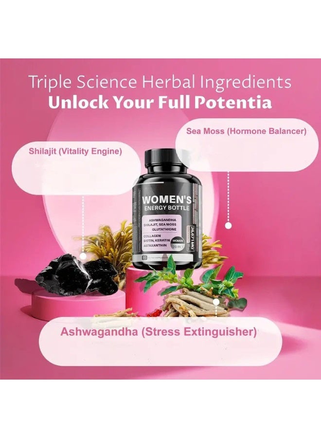 Megneta Women’s Energy Vitamins 20-in-1 – Collagen Biotin Ashwagandha Shilajit Beauty & Energy Support | Hair Skin Nails & Hormonal Balance | 60 Capsules - Image 3
