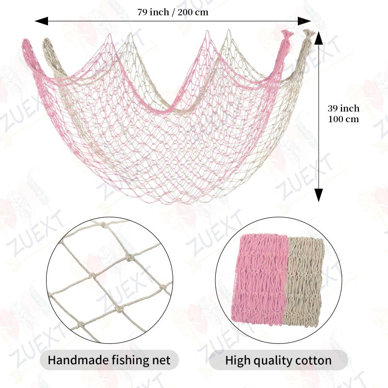ZUEXT Fishing Nets Light Pink/Beige 80x40 Inch  2PCS Picture Fish Net  Cotton Mermaid Net for Hawaiian Nautical Beach Party  Fishnet Photo Display  Sea Themed FishNet Decor Balloon Net - Image 2