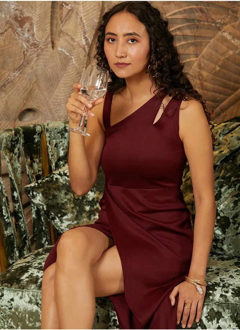 PINACOLADA Women's Wine Red Asymetrical Midi Dress