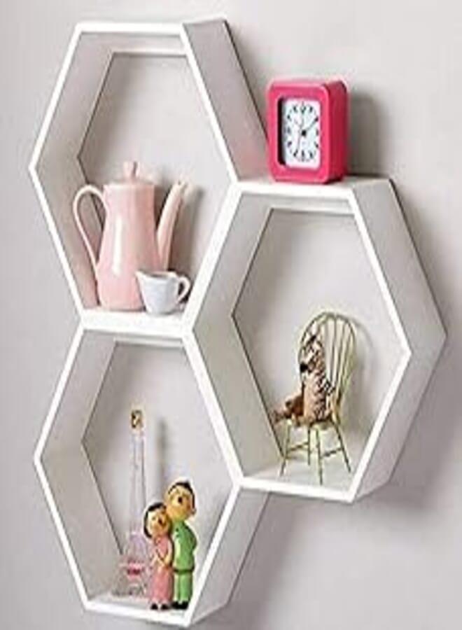 Hexagon Wall Shelf - Set of 3, White 