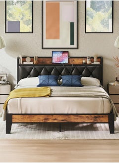 Yanara Bed Frame Queen Size, Storage Headboard with Outlets, Easy to Install, Sturdy and Stable, No Noise, No Box Springs Needed, Rustic Brown and Black 217CMx160CMx103CM 