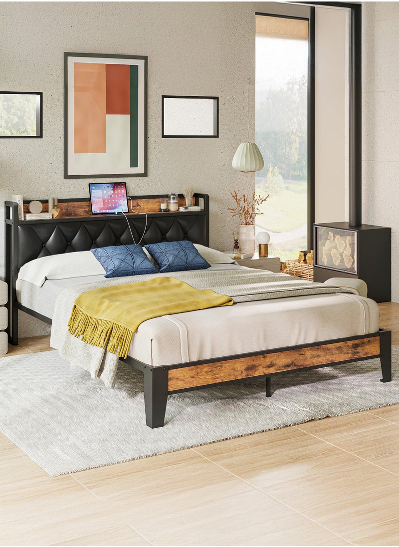 Yanara - Bed Frame Queen Size, Storage Headboard with Outlets, Easy to Install, Sturdy and Stable, No Noise, No Box Springs Needed, Rustic Brown and Black 217CMx160CMx103CM - Image 1