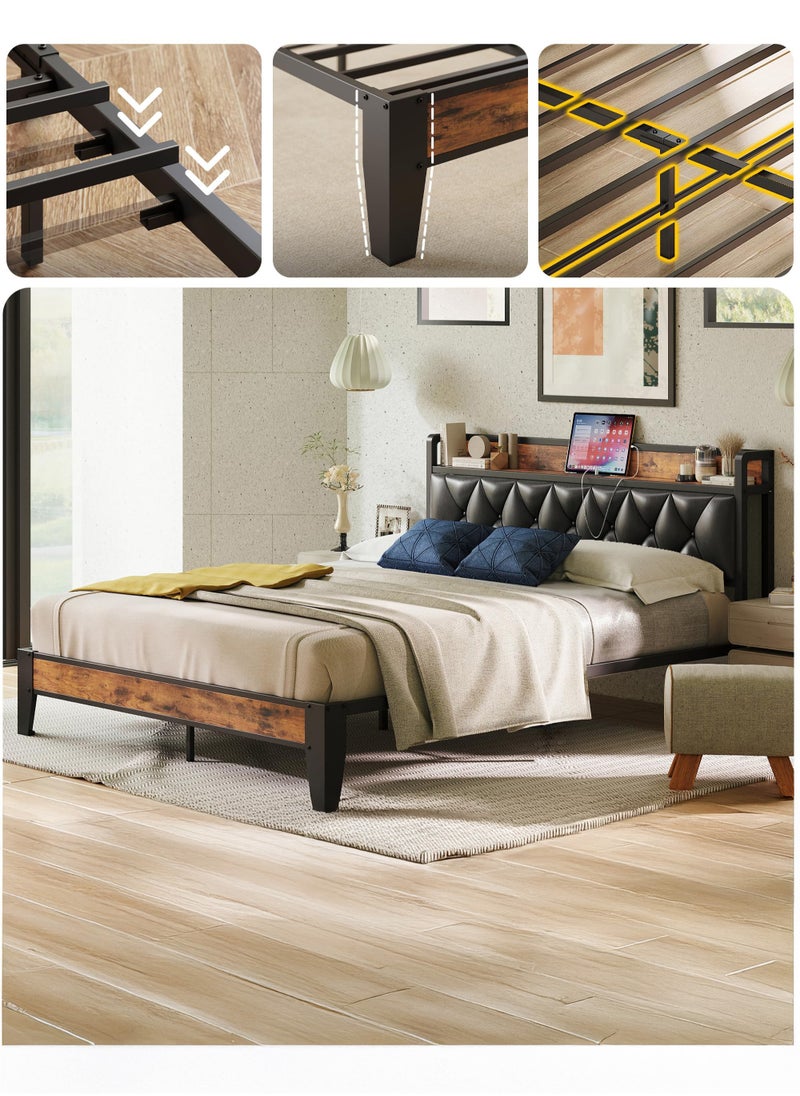 Yanara - Bed Frame Queen Size, Storage Headboard with Outlets, Easy to Install, Sturdy and Stable, No Noise, No Box Springs Needed, Rustic Brown and Black 217CMx160CMx103CM - Image 1