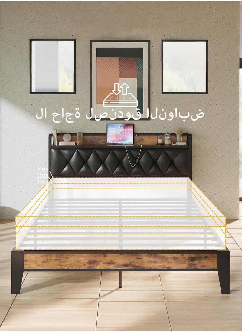 Yanara - Bed Frame Queen Size, Storage Headboard with Outlets, Easy to Install, Sturdy and Stable, No Noise, No Box Springs Needed, Rustic Brown and Black 217CMx160CMx103CM - Image 1