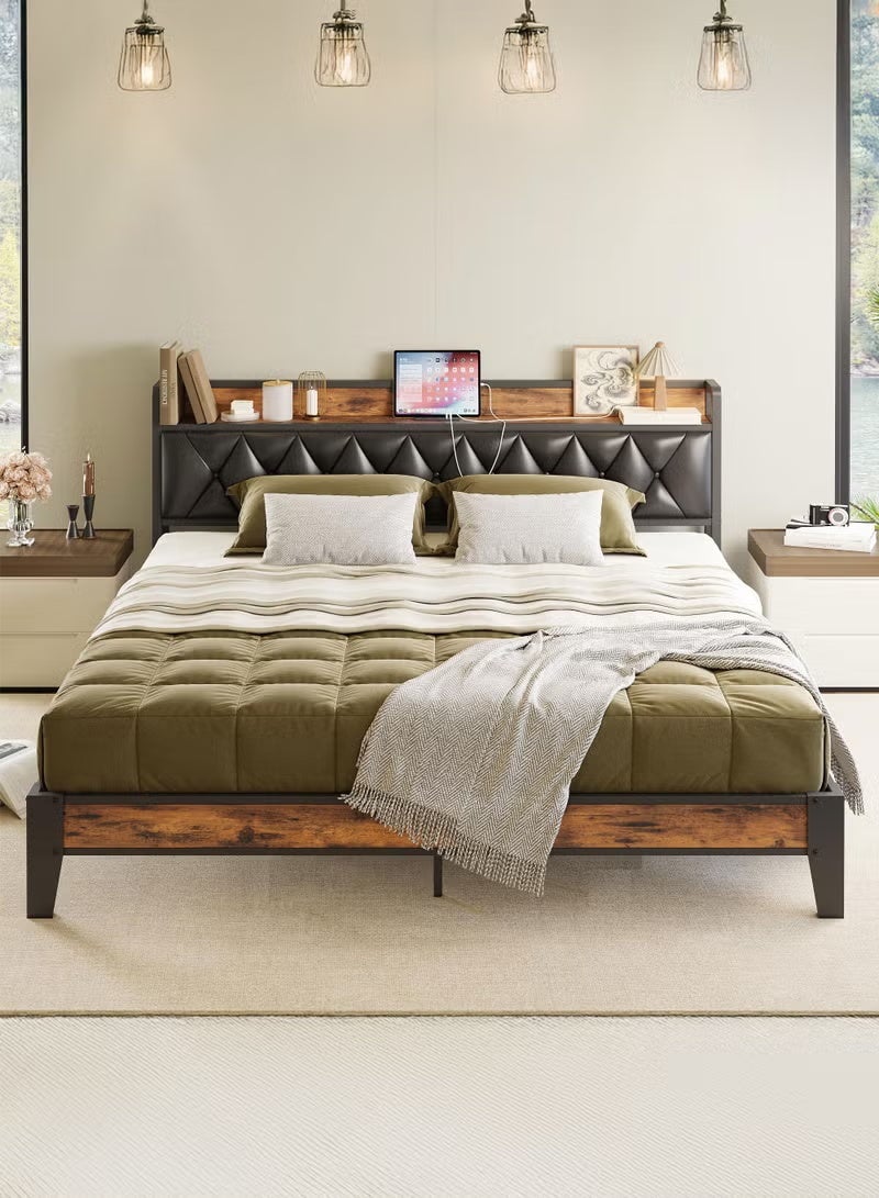 Yanara Bed Frame Queen Size, Storage Headboard with Outlets, Easy to Install, Sturdy and Stable, No Noise, No Box Springs Needed, Charcoal 200CMx160CM - Image 1