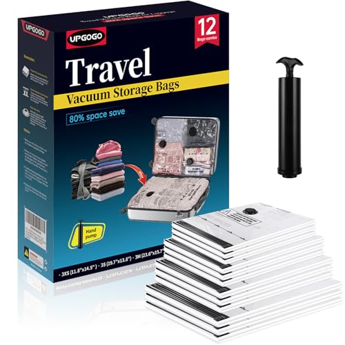 UPGOGO Travel Vacuum Bags for Luggage with Hand Pump,Vacuum Seal Bags for Clothing,Packing Cubes Compression,Cruise Ship and Travel Essentials(Combo 12 Pack) - Image 1