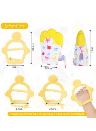 قفاز تسنين من السيليكون،قطعتان من قفاز التسنين للاطفال، لعبة تسنين الطفل مع حزام قابل للتعديل، صوت خشخشة ومنسوج، العاب مضغ للاطفال الرضع من عمر 0-6 اشهر(أصفر) - view 2