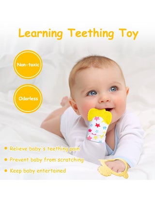 قفاز تسنين من السيليكون،قطعتان من قفاز التسنين للاطفال، لعبة تسنين الطفل مع حزام قابل للتعديل، صوت خشخشة ومنسوج، العاب مضغ للاطفال الرضع من عمر 0-6 اشهر(أصفر) - view 5