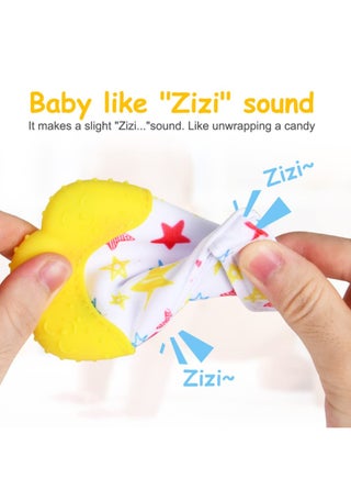 قفاز تسنين من السيليكون،قطعتان من قفاز التسنين للاطفال، لعبة تسنين الطفل مع حزام قابل للتعديل، صوت خشخشة ومنسوج، العاب مضغ للاطفال الرضع من عمر 0-6 اشهر(أصفر) - view 4