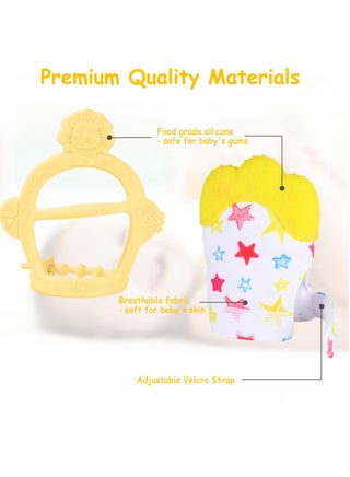 قفاز تسنين من السيليكون،قطعتان من قفاز التسنين للاطفال، لعبة تسنين الطفل مع حزام قابل للتعديل، صوت خشخشة ومنسوج، العاب مضغ للاطفال الرضع من عمر 0-6 اشهر(أصفر) - view 3