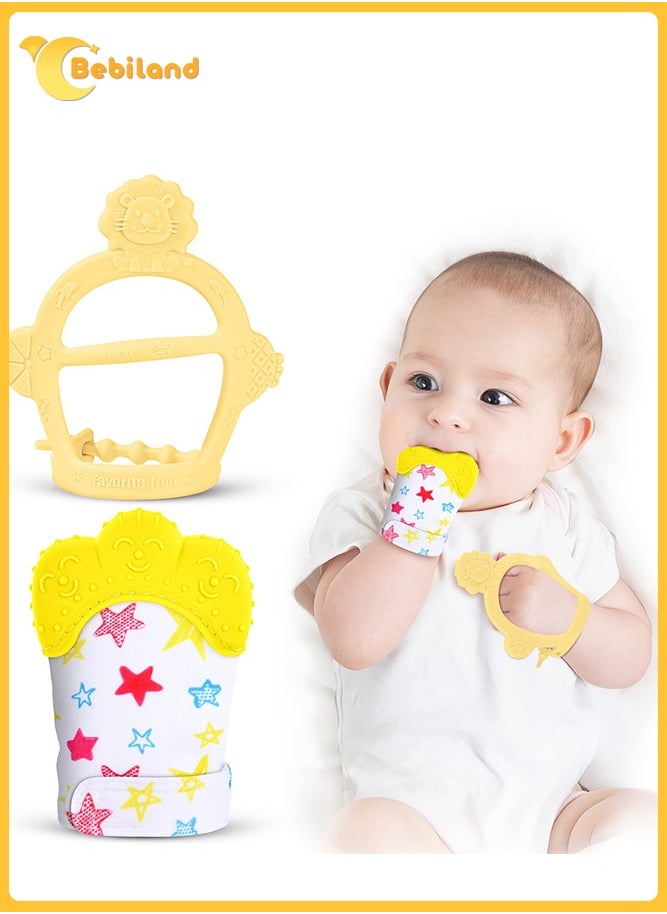Bebiland - 2PCS Teething Mittens for Baby, Includes Baby Chew Toy and Teething Glove, Silicone Mitten Teether Glove, Infant Soothing Pain Relief Mitt Baby Teether Mits for Baby (Yellow) - Image 1