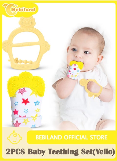 2PCS Teething Mittens for Baby, Includes Baby Chew Toy and Teething Glove, Silicone Mitten Teether Glove, Infant Soothing Pain Relief Mitt Baby Teether Mits for Baby (Yellow)