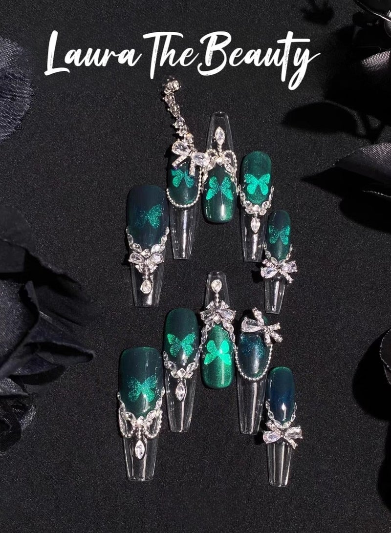 LauraTheBeauty 【Butterfly Fairy】10 Pcs Rhinestone Nail Art False Nails Short Square Fake Nails Press on Nails with Wearing Tools - Image 1