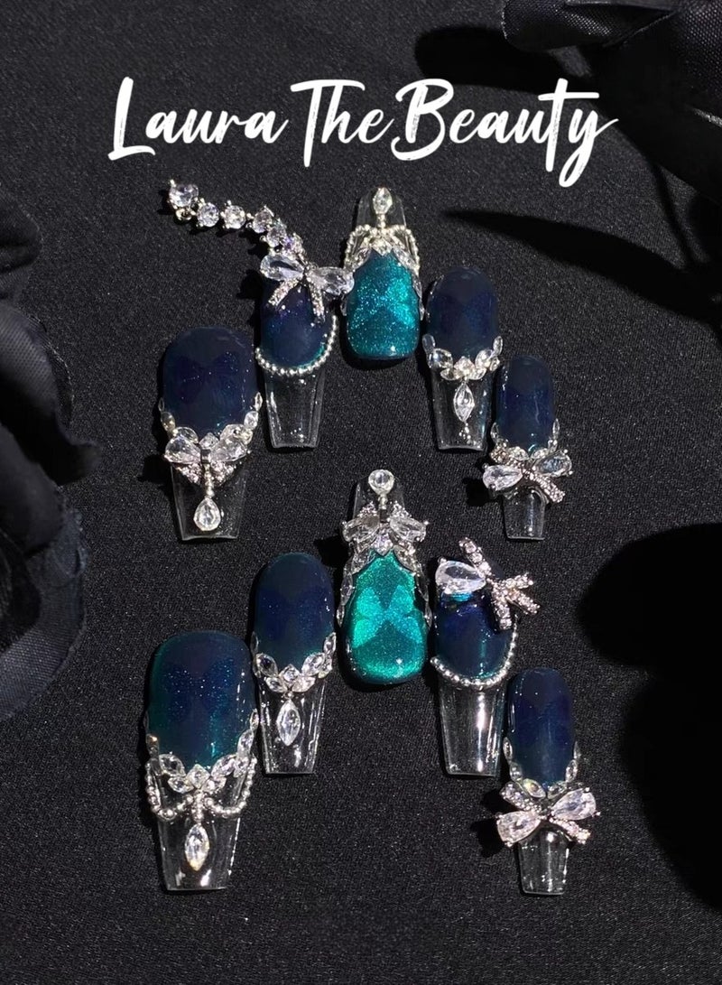 LauraTheBeauty 【Butterfly Fairy】10 Pcs Rhinestone Nail Art False Nails Short Square Fake Nails Press on Nails with Wearing Tools - Image 2