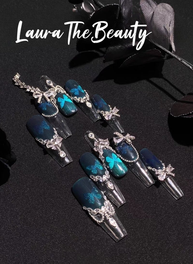 LauraTheBeauty 【Butterfly Fairy】10 Pcs Rhinestone Nail Art False Nails Short Square Fake Nails Press on Nails with Wearing Tools - Image 3