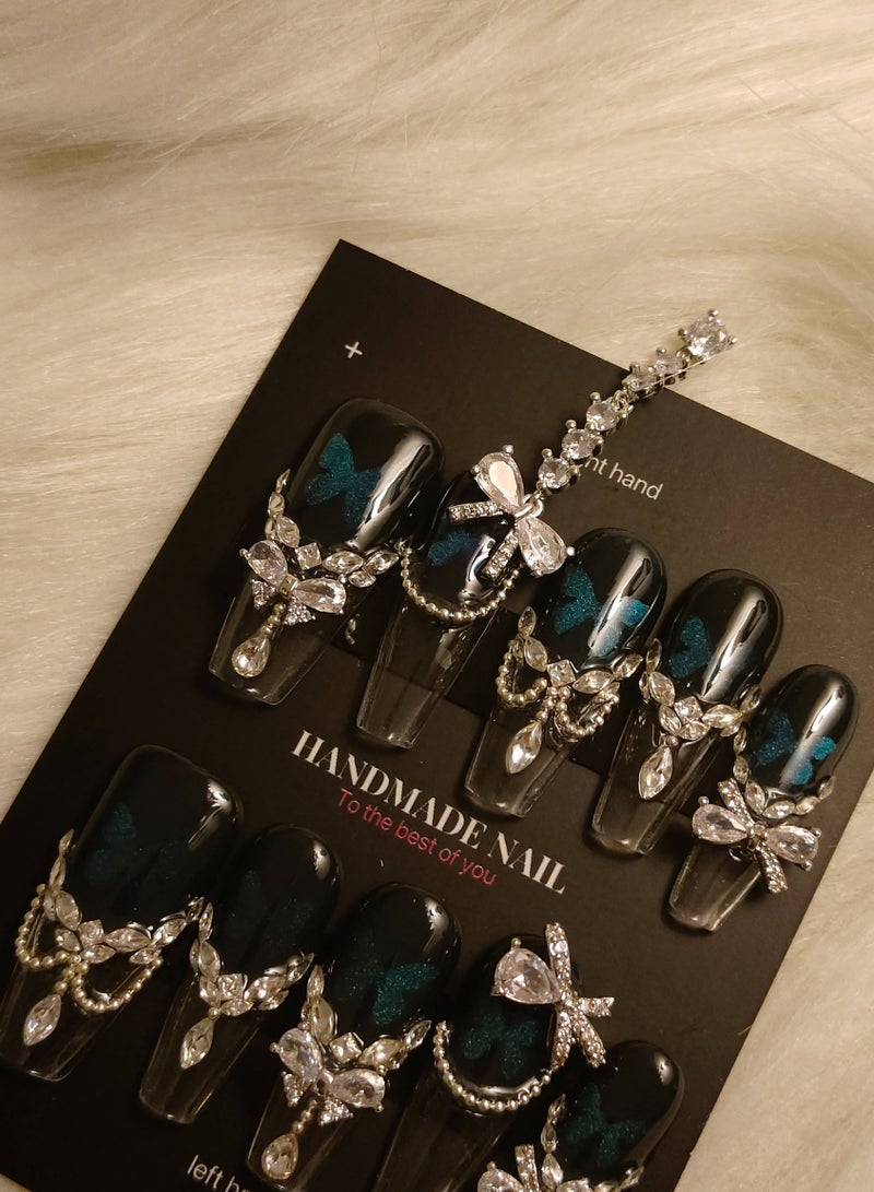 LauraTheBeauty 【Butterfly Fairy】10 Pcs Rhinestone Nail Art False Nails Short Square Fake Nails Press on Nails with Wearing Tools - Image 4