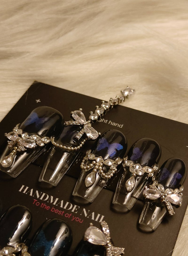 LauraTheBeauty 【Butterfly Fairy】10 Pcs Rhinestone Nail Art False Nails Short Square Fake Nails Press on Nails with Wearing Tools - Image 5