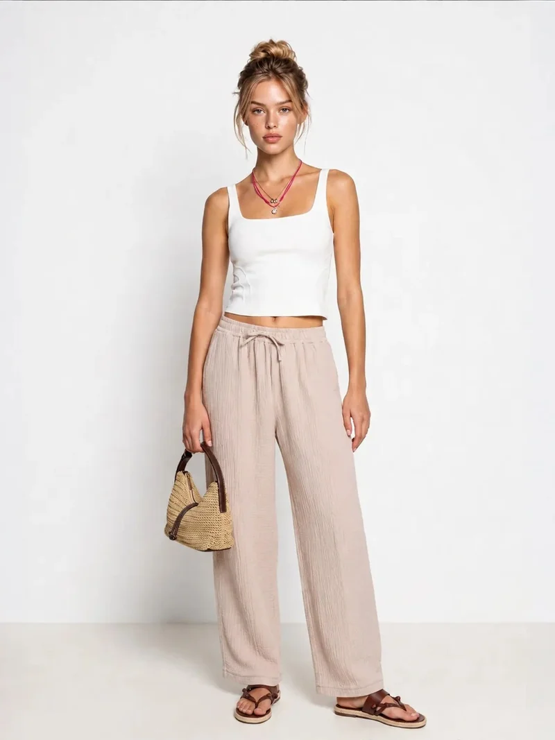 هابينس اسطنبول ISTANBUL Wide Leg Drawstring Waist Pants with Binding Detail