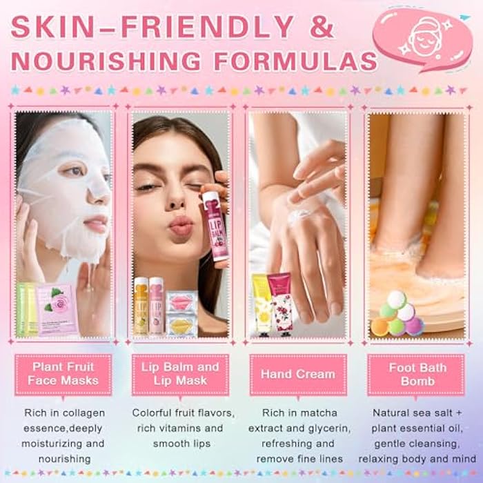 QIUFSSE 120 PCS Spa Party Supplies for Girls & Women,Spa Party Favors Include Face Masks Skincare,Hand Cream,Lip Balm,Eye Masks,Lip Mask,Foot Bath Bombs,Slumber Sleepover Party Supplies for Girls - Image 4