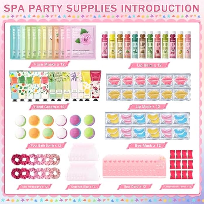 QIUFSSE 120 PCS Spa Party Supplies for Girls & Women,Spa Party Favors Include Face Masks Skincare,Hand Cream,Lip Balm,Eye Masks,Lip Mask,Foot Bath Bombs,Slumber Sleepover Party Supplies for Girls - Image 2