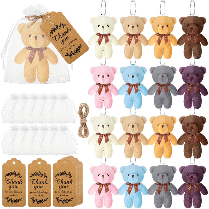 Fumete 40 Sets Small Bears Tiny Plush Bear Bulk 47 Inch Bear Keychain Mini Plush Stuffed Animals Tiny Bears Doll with Thank You Tags Organza Bag for Baby Shower Wedding Party FavorsRetro Colors - Image 1