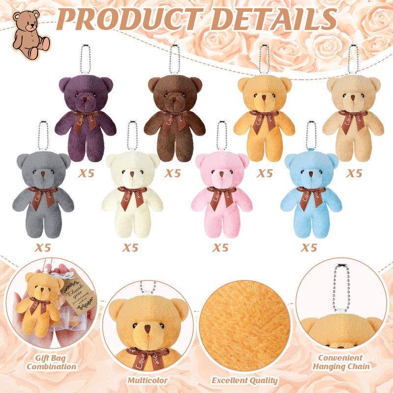 Fumete 40 Sets Small Bears Tiny Plush Bear Bulk 47 Inch Bear Keychain Mini Plush Stuffed Animals Tiny Bears Doll with Thank You Tags Organza Bag for Baby Shower Wedding Party FavorsRetro Colors - Image 3