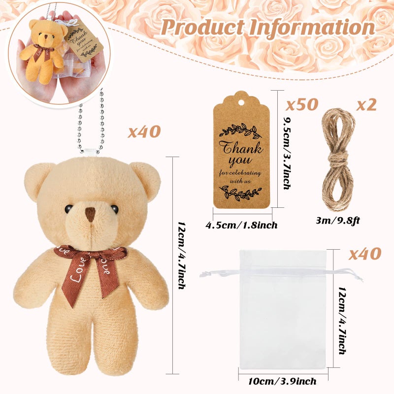 Fumete 40 Sets Small Bears Tiny Plush Bear Bulk 47 Inch Bear Keychain Mini Plush Stuffed Animals Tiny Bears Doll with Thank You Tags Organza Bag for Baby Shower Wedding Party FavorsRetro Colors - Image 2