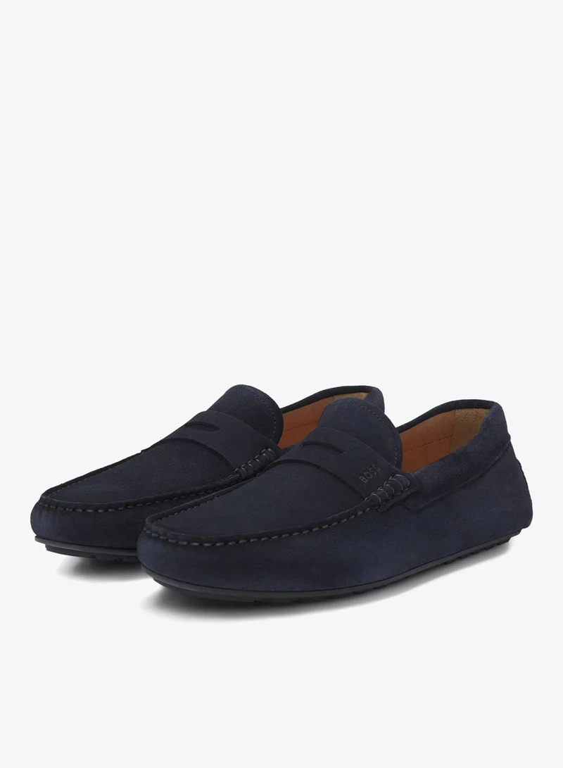 Suede moccasins with penny trim