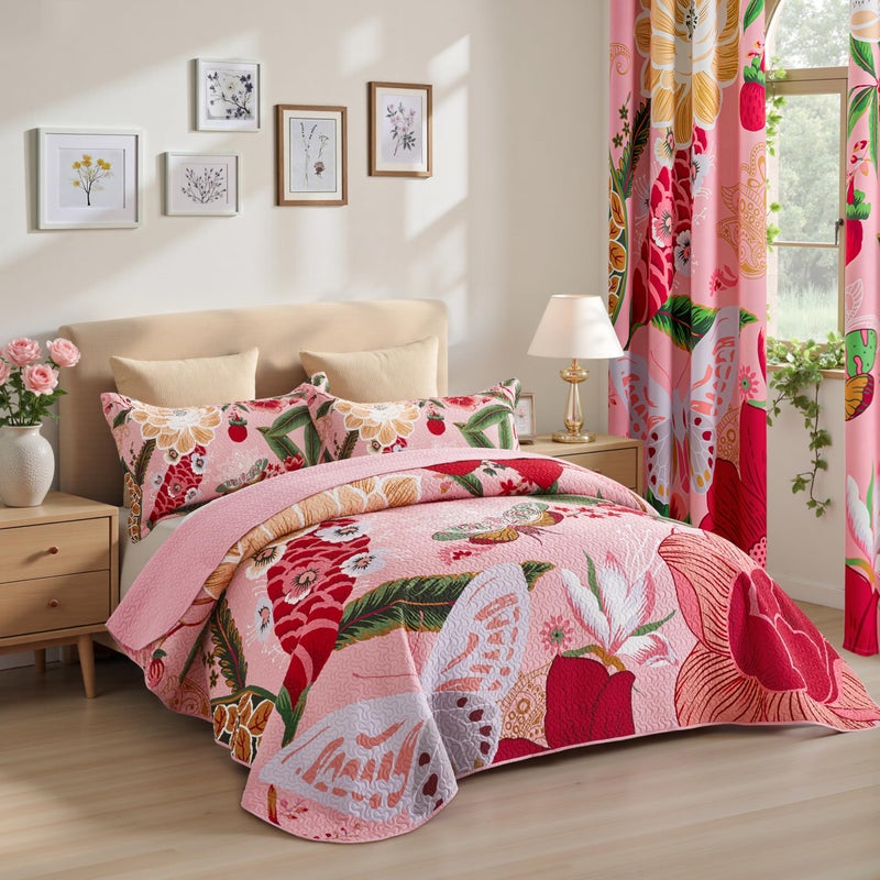 Tyrot 3 Piece Pink Boho Floral Full/Queen Quilt Sets Farmhouse Botanical Reversible Lightweight Bedspread with 2 Shams Butterfly Microfiber Bedding Quilts Set for All Season, 90''x96'' - Image 2
