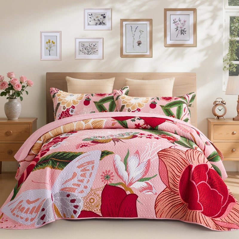 Tyrot 3 Piece Pink Boho Floral Full/Queen Quilt Sets Farmhouse Botanical Reversible Lightweight Bedspread with 2 Shams Butterfly Microfiber Bedding Quilts Set for All Season, 90''x96'' - Image 1