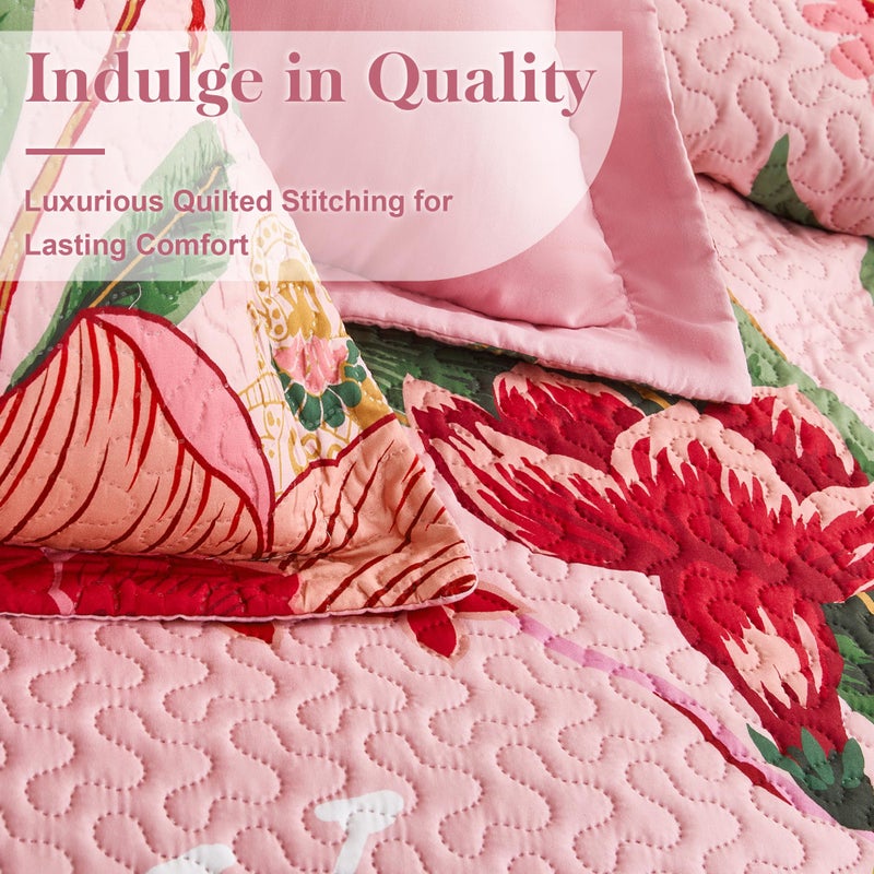 Tyrot 3 Piece Pink Boho Floral Full/Queen Quilt Sets Farmhouse Botanical Reversible Lightweight Bedspread with 2 Shams Butterfly Microfiber Bedding Quilts Set for All Season, 90''x96'' - Image 4