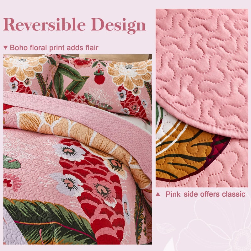 Tyrot 3 Piece Pink Boho Floral Full/Queen Quilt Sets Farmhouse Botanical Reversible Lightweight Bedspread with 2 Shams Butterfly Microfiber Bedding Quilts Set for All Season, 90''x96'' - Image 3