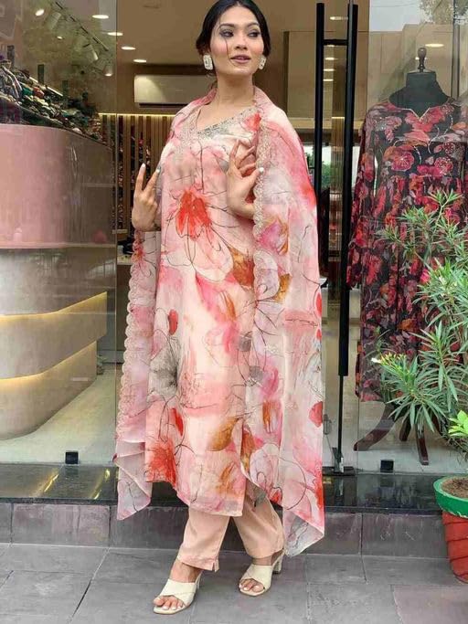 SMOWKLY Cotton Silk Blend || Dupatta Set || Kurta Pant Set || Printed Dupatta Set || Ethnic Set for Women (Pink, L) - Image 3