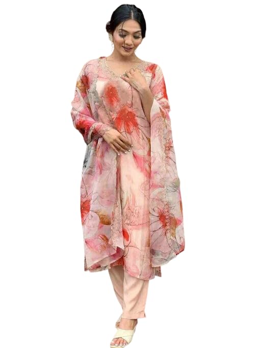 SMOWKLY Cotton Silk Blend || Dupatta Set || Kurta Pant Set || Printed Dupatta Set || Ethnic Set for Women (Pink, L) - Image 1