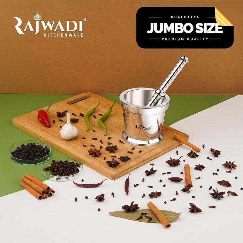 Rajwadi Heavy JUMBO size Stainless Steel Mortar Pestle SetSpice MixerKhalbattaOkli Musal Khal Imam Dasta for Kitchen Big - Image 4