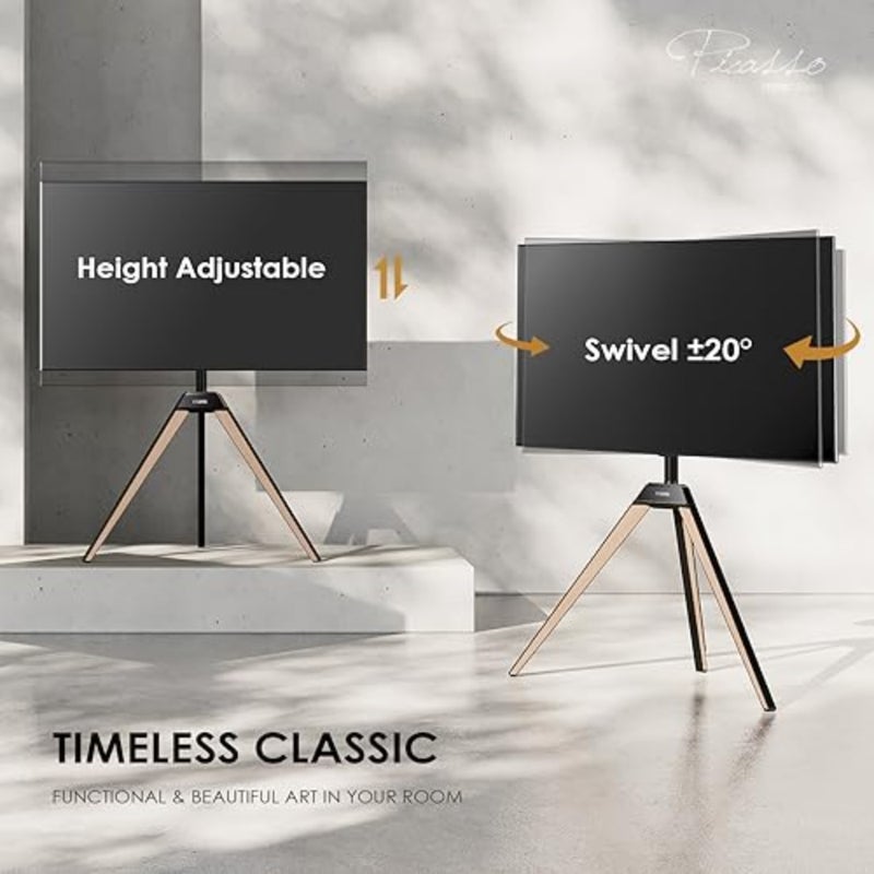 Design Corner TV Stand for 37-65 Inch TV Floor Mount Tripod Stand with Cable Management White Oak Finish Picasso Series - Image 3