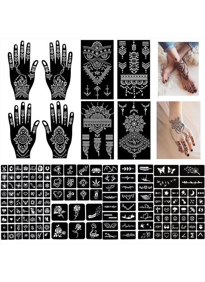 QSTOHENA - Pack of 12 Henna Temporary Tattoo Stencil Kit - 145Pcs Glitter Airbrush Tattoo Sticker Indian Arabian Black Henna Tattoo Temp for Women Kids - Image 1