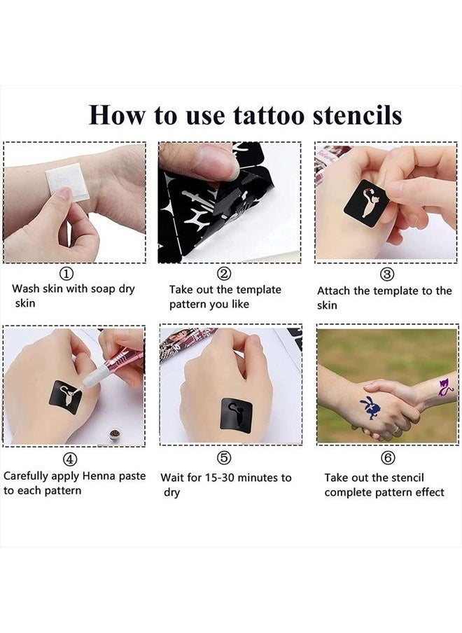 QSTOHENA - Pack of 12 Henna Temporary Tattoo Stencil Kit - 145Pcs Glitter Airbrush Tattoo Sticker Indian Arabian Black Henna Tattoo Temp for Women Kids - Image 1