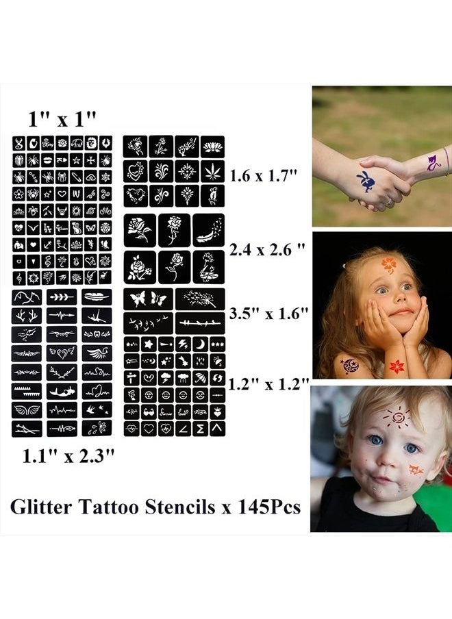 QSTOHENA - Pack of 12 Henna Temporary Tattoo Stencil Kit - 145Pcs Glitter Airbrush Tattoo Sticker Indian Arabian Black Henna Tattoo Temp for Women Kids - Image 1