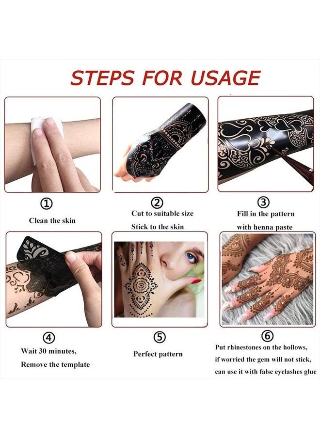 QSTOHENA - Pack of 12 Henna Temporary Tattoo Stencil Kit - 145Pcs Glitter Airbrush Tattoo Sticker Indian Arabian Black Henna Tattoo Temp for Women Kids - Image 1