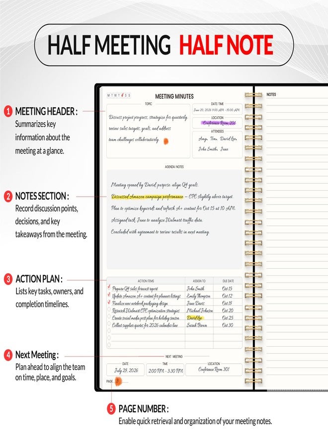 SUNEE Half Meeting Half Note 7"x10" Notebook for Work - 140 Pages, B5 Size Project Planner for Women&Men, Minutes Organizer for Meeting Notes, Ideas for Office/Business, PVC Waterproof Cover, Black - Image 2