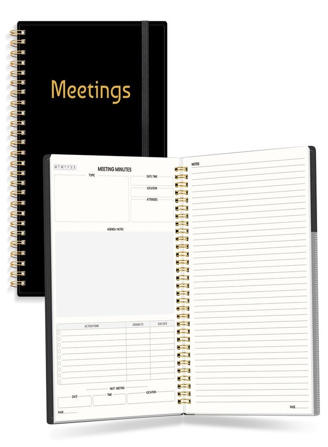 SUNEE Half Meeting Half Note 7"x10" Notebook for Work - 140 Pages, B5 Size Project Planner for Women&Men, Minutes Organizer for Meeting Notes, Ideas for Office/Business, PVC Waterproof Cover, Black - Image 1